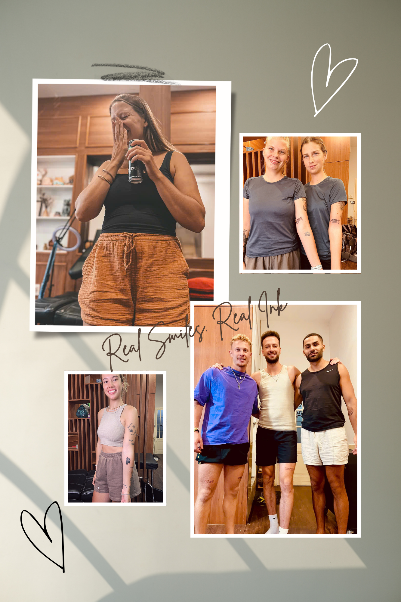 Group of international clients smiling with their fresh fine line tattoos at The Mac Tattoo, Ho Chi Minh City